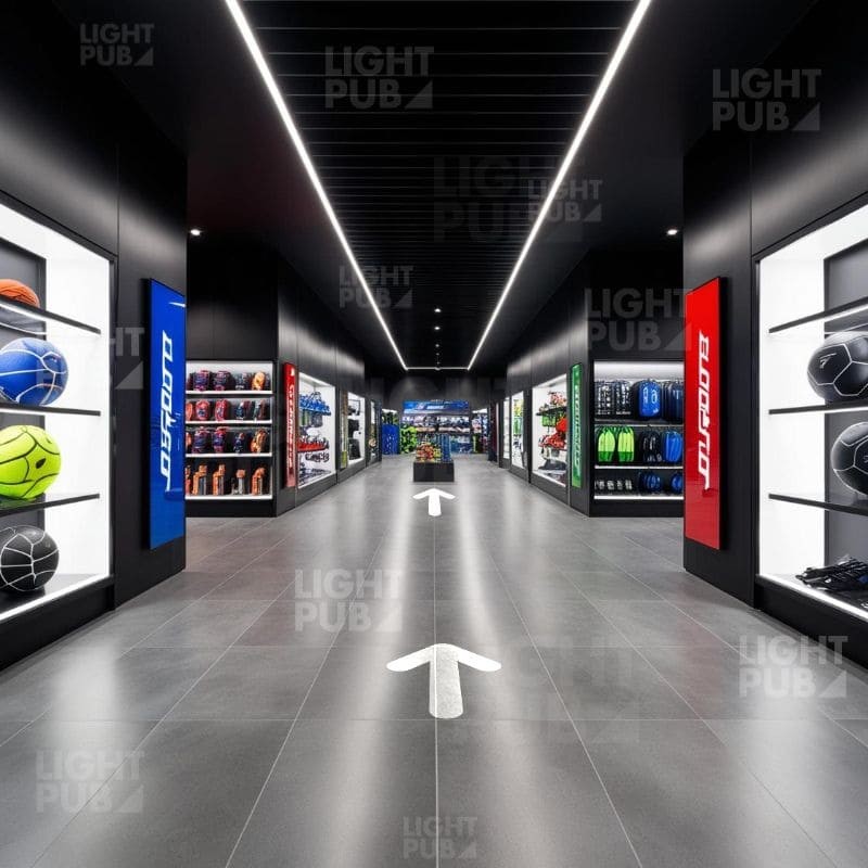 Flèche lumineuse sol magasin de sport parcours client circulaire Flèche lumineuse sol magasin de sport parcours client circulaire